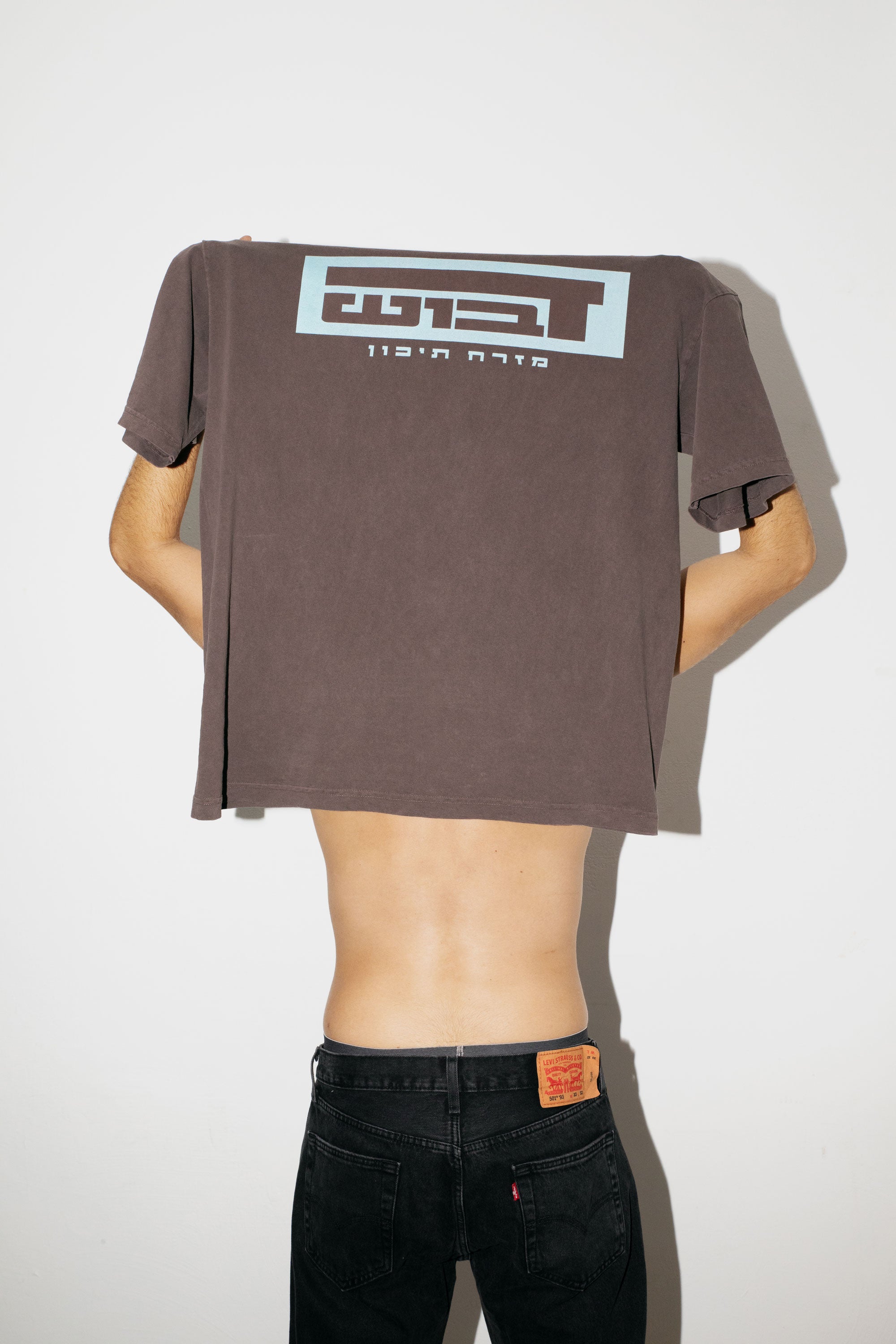 A model holding an oversized DABUSH t-shirt in washed brown, made from 100% cotton.
דוגמן מחזיק טישרט של דבוש בצבע חום שטוף, עשויה 100% כותנה עם לוגו בצבע תכלת.