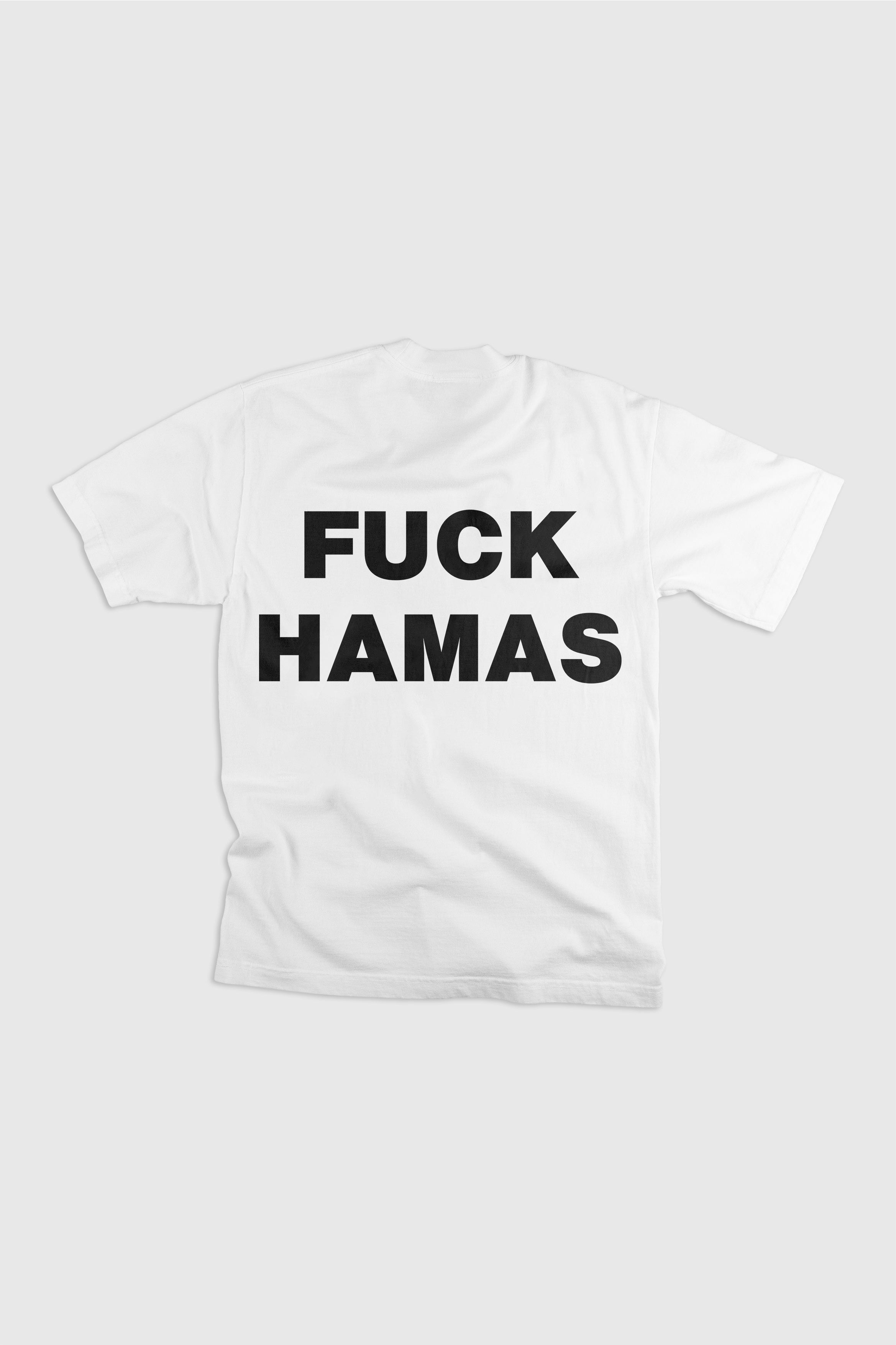 FUCK HAMAS T SHIRT BY DABUSH. DABUSH T-SHIRTS. 100% Cotton, oversized tee with Back and front print. Made in Tel aviv. Shop and view the latest Drops from the official DABUSH website. Worldwide Shipping. DABUSH is a publishing house, design studio and a brand based in Tel Aviv, Israel.