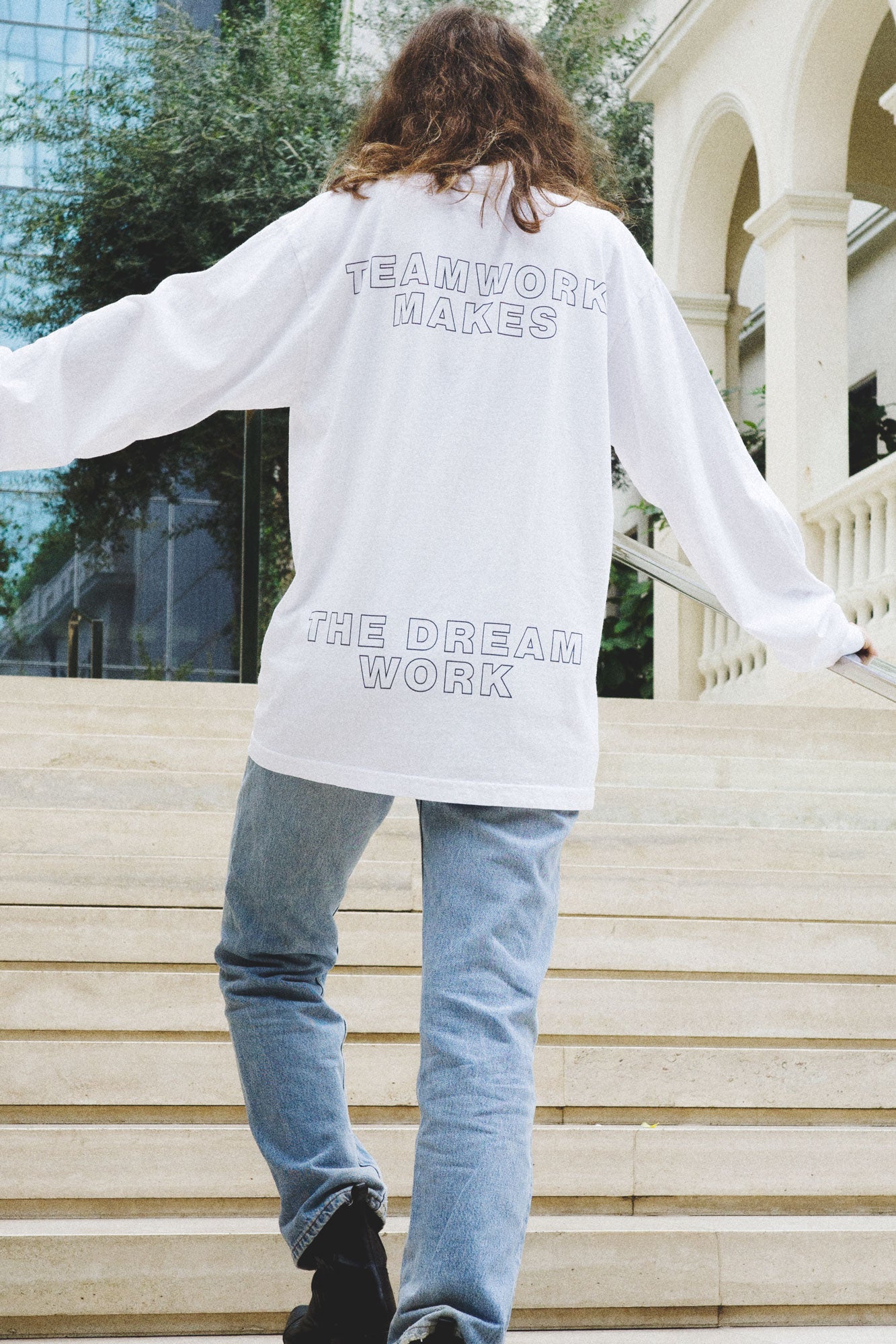 DABUSH SYNERGY LONG SLEEVE T-SHIRT. TEAMWORK MAKES THE DREAM WORK. 100% Cotton, oversized long sleeves tee with huge front and back print. Made in Tel aviv. Shop and view the latest Drops from the official DABUSH website. Worldwide Shipping.