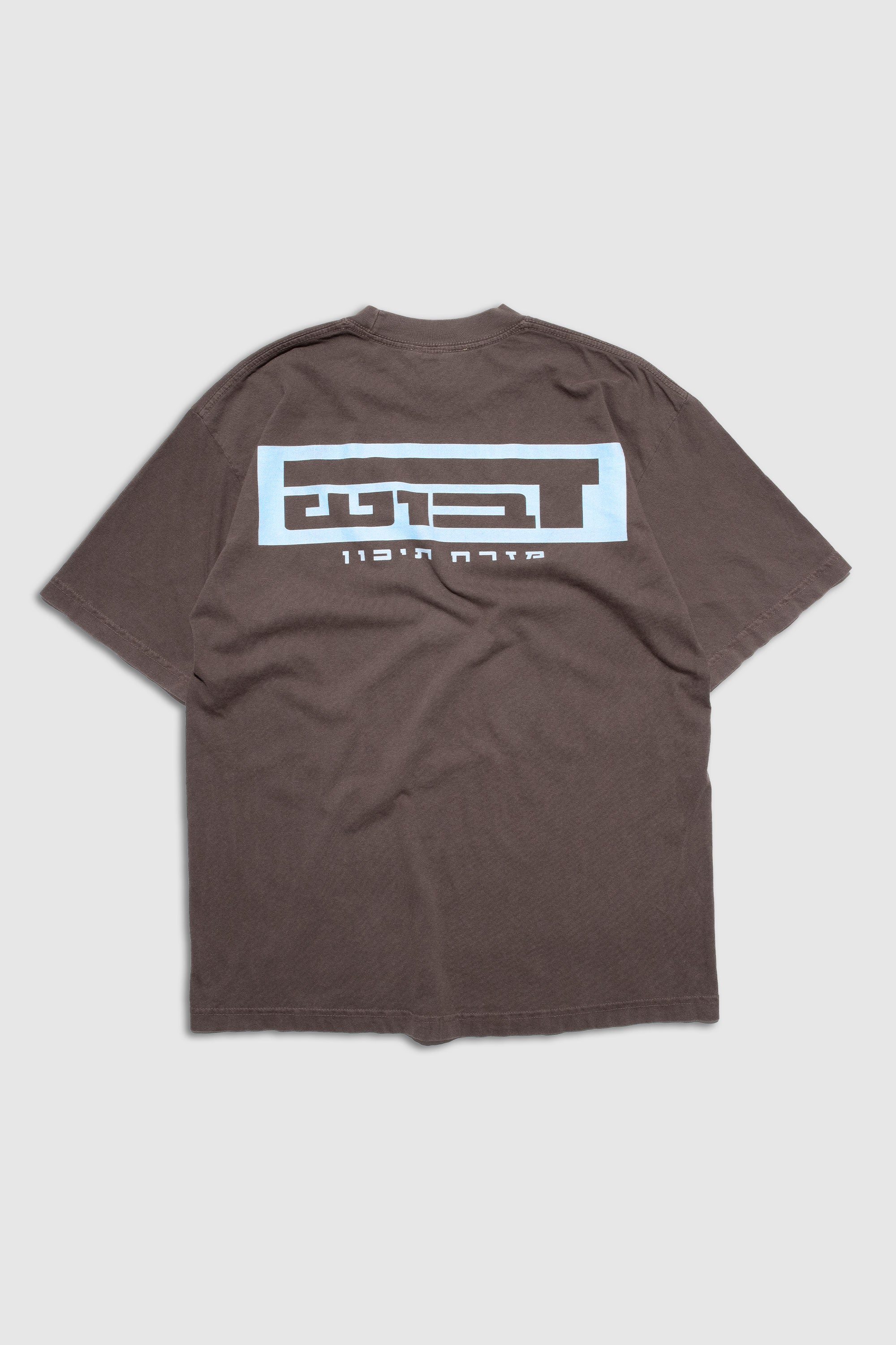 An oversized DABUSH t-shirt in washed brown, made from 100% cotton.
אוברסייז טישרט של דבוש בצבע חום שטוף, עשויה 100% כותנה עם גרפיקה בצבע תכלת.