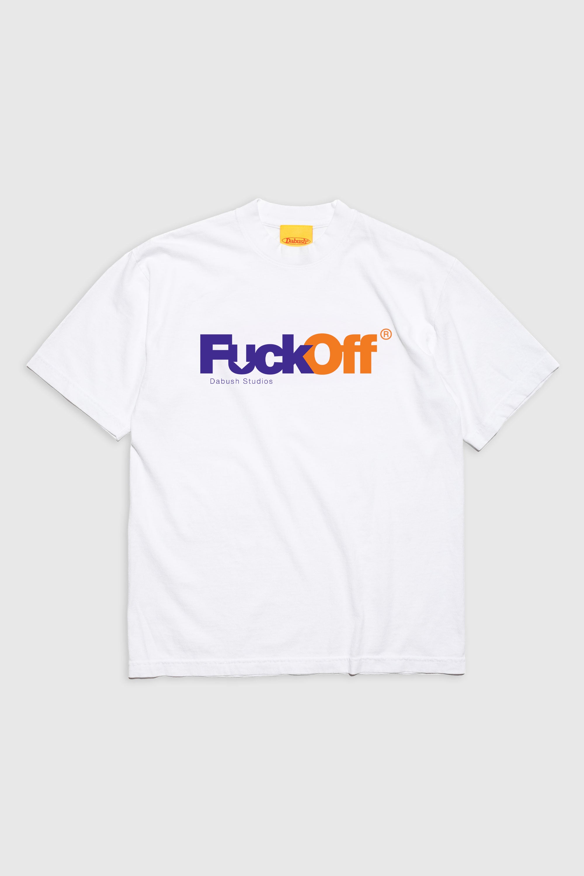 A WHITE T SHIRT WITH A BOLD LOGO 