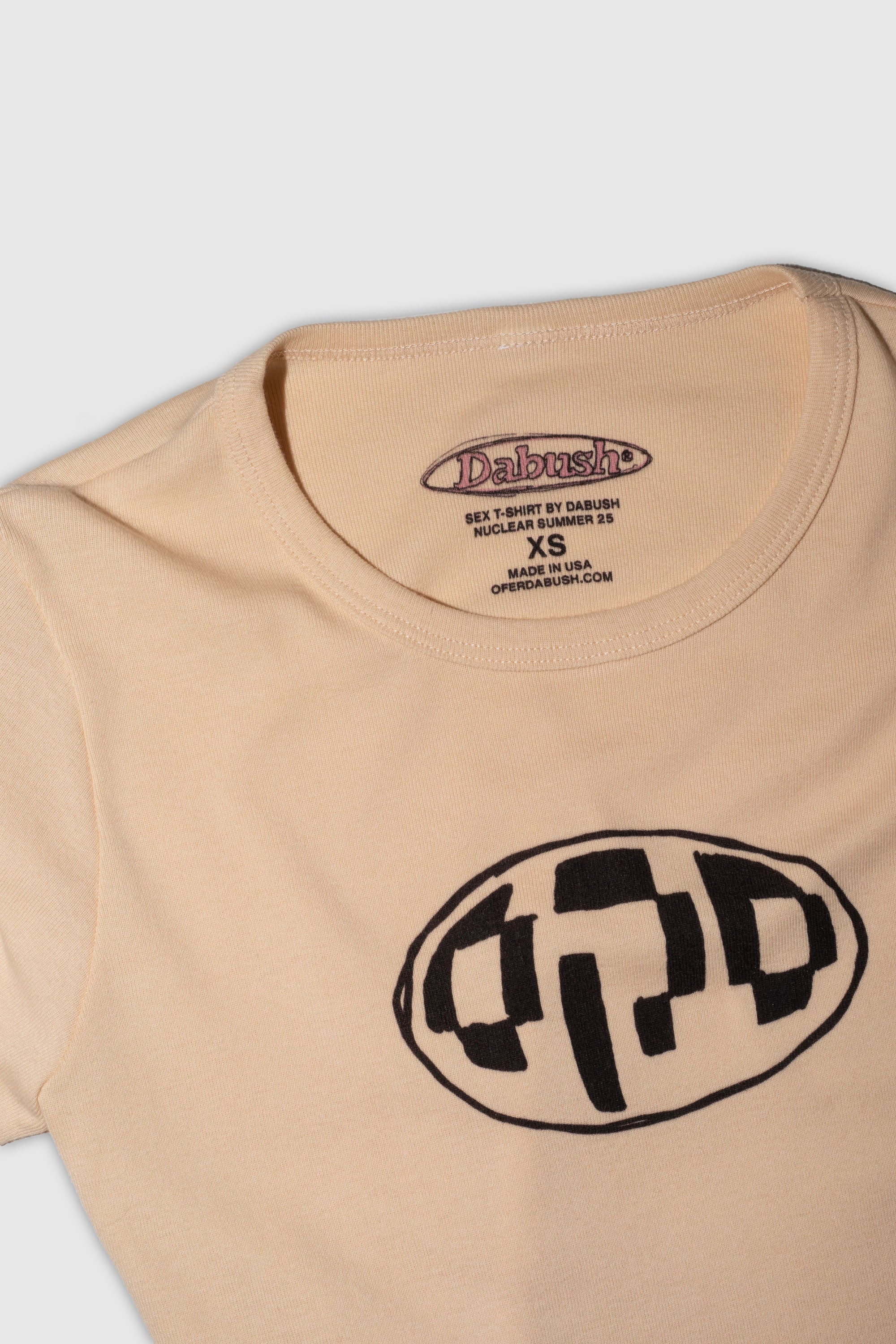 A closeup of a Baby Rib Long Sleeve Crewneck made from 100% Combed Cotton With Sex graphics written in Hebrew.
